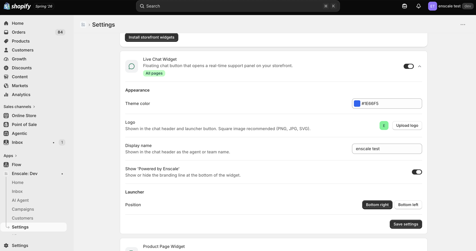 The widget settings panel with accent colour, corner position and page visibility controls beside a live preview of the chat bubble