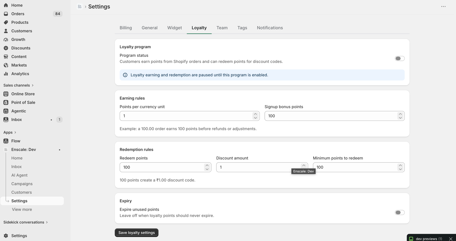 The loyalty settings page with the master enable toggle at the top and fields for points per currency unit, signup bonus, redemption threshold, redemption value and point expiry