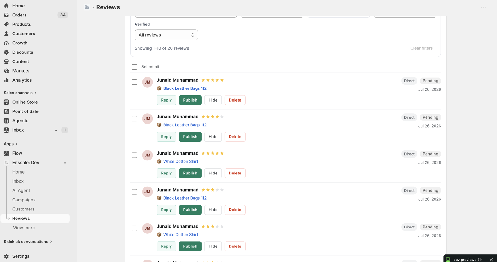 The review moderation queue with pending reviews listed, each showing the star rating, the review text, the product it belongs to, a verified purchase badge, and approve and reject actions