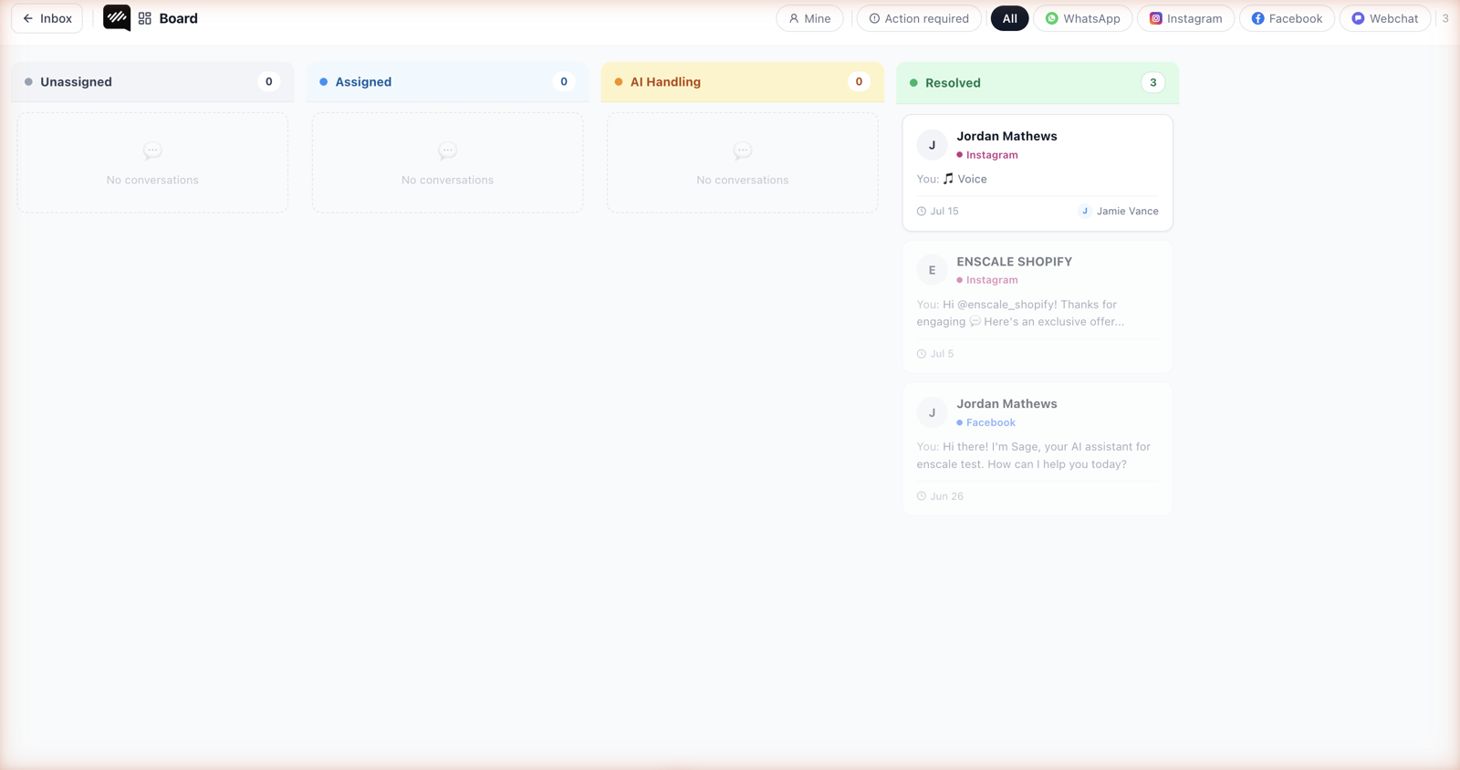 The board view as four kanban columns — Unassigned, Assigned, AI handling and Resolved — with conversation cards showing the contact name, channel, last message and assignee