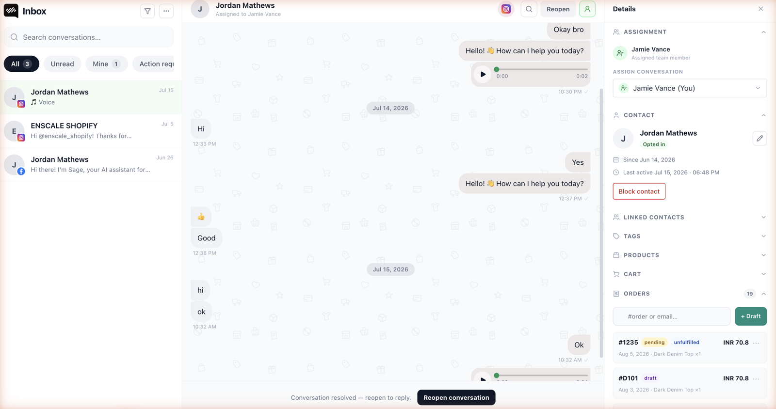 The inbox in three panels: the conversation list on the left with channel icons, the message thread in the middle, and the contact sidebar on the right with the Shopify order history section expanded