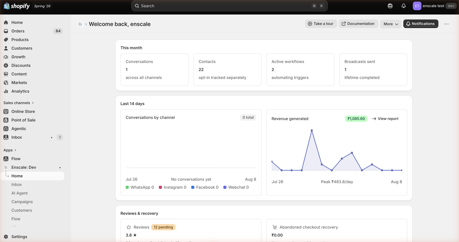 The Enscale dashboard inside the Shopify admin, showing this month's conversation, contact, workflow and broadcast counts, a conversations-by-channel chart, revenue generated over the last 14 days, and review and checkout-recovery summaries